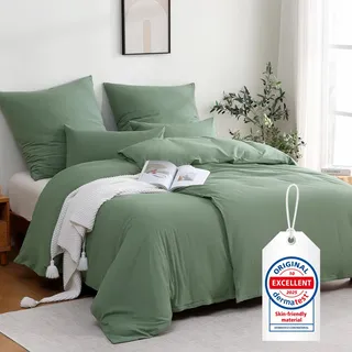 ATsense Bettwäsche 155x220 Baumwolle 4teilig, Stonewashed Bettwäsche-Sets Grün Ähnlich wie Leinen, Oeko-TEX, Hypoallergen und Atmungsaktiv, 2 Bettbezug und 2 Kissenbezug 80x80