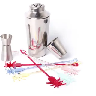 Birambeau Cocktail-Set Edelstahl Shaker 750 ml mit Doppeljigger und 6 farbigen Rührstäben Ananasform