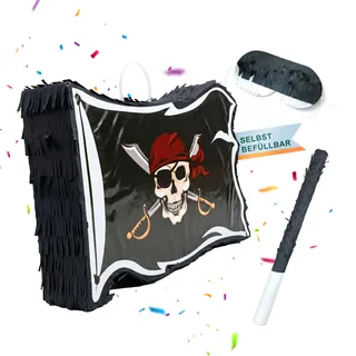 Relaxdays Pinata Piratenflagge, mit Stab & Maske, Partypinata Kinder, Geburtstag, zum Befüllen, HBT: 35x40x8 cm, schwarz