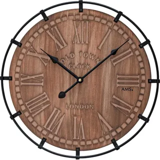 AMS 9616 Wanduhr Quarz analog Holz mit Metall kombiniert rund - Braun
