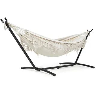 Mondeer Hängematte mit Gestell für 2 Personen - Verstellbare Doppelhängematte im Boho-Stil mit Getränkehalter & robustem Eisengestell, für Terrasse, Garten und Hof, Beige