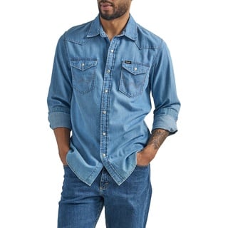 Wrangler Herren Iconic Denim Regular Fit Snap Shirt Hemd mit Button-Down-Kragen, Lake Wash, L