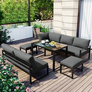 Merax Gartenmöbelset für 6-7 Personen, 5-tlg. Sitzgruppe mit Tisch, Hocker und Kissen, Balkonmöbel Set Aluminium Terassenmöbel Gartenlounge, Schwarz - Grau, Schwarz
