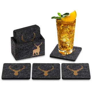 Edles Set Filz-Untersetzer Hirsch Anthrazit-Gold, Glasuntersetzer-Set, 9-teilig, Für Wein, Bier, Cocktail