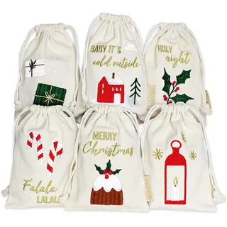 Papierdrachen Geschenkverpackung Weihnachten 2025 - Stoffbeutel 6er Set - 13x18 cm - beige - mit Stickerei in gold - wiederverwendbar zum Befüllen