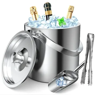 GMGXX Eiswürfelbehälter Edelstahl, 3,2L Eiseimer mit Doppelwand-Design, Eisbehälter für Eiswürfel Eiskübel mit Deckel & Eisschaufel & Zangen, Tragbar Eiskühler zum Kühlen von Bier Champagner Wein