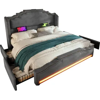 Flieks Polsterbett 160X200 cm mit LED USB C Lattenrost und Schubladen , Grau , Holz , 160x200 cm , Schlafzimmer, Betten, Polsterbetten
