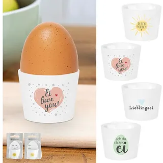Cepewa Eierbecher 4er Set 4 Motive | Porzellan weiß 5x4cm | Halter für Eier mit Gute Laune Sprüche (1 x 4er Set Eierbecher 5x4cm)