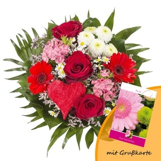 Dominik Blumen und Pflanzen, Blumenstrauß "Alles Liebe" aus Rosen, Gerbera und Johanniskraut und Grußkarte "Geburtstag"