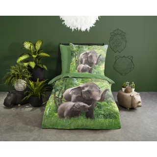 Good Morning Kinder Bettwäsche Elephants Grün 135 x 200 cm + 80 x 80 cm