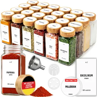 Deco haus Gewürzgläser Eckig Luftdicht - 24 Set Gewürzdosen + 280 Etiketten | Gewürzstreuer Glas mit Streueinsatz - Gewürzbehälter 120 ml - Spice Jars set - Gewürze Gläser Holzdeckel - Gewürzaufbewahrung