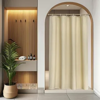 EurCross Schmaler Leinen Texturiert Duschvorhang 90x200 cm Hotel Luxus Schwerer Wasserdicht Duschvorhänge, Beige Textil Stoff Anti-Schimmel Waschbar Kleine Badvorhang für Badezimmer mit 6 Ringen