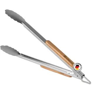 BURNHARD Lange Edelstahl Grillzange (45 cm) Akazien-Holzgriff, Grill-Zubehör, Aufhänge-Ösen