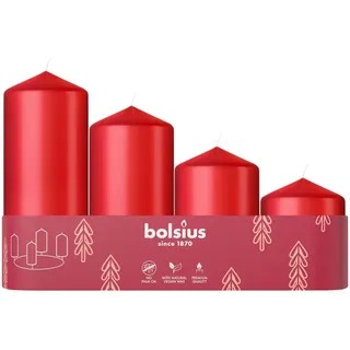 Bolsius Glatte Stumpenkerzen - 4er Set - Advent - Rot - Verschiedene Größen 12-10-8-6 cm - Ø48mm - Dekorative kerzen - Lange Brenndauer - Unparfümiert - Mit Natürlichem Pflanzenwachs - Ohne Palmöl
