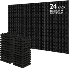 AGPtEK Schalldämmende Polsterung 24 Stück Schaumstoff-Dämmplatten 25 x 25 x 5 cm Akustikschaumstoff Ideal für Tonstudio, Fernsehzimmer, Kinderzimmer, Büro und Podcast-Aufnahmen (Nur Schwarz)