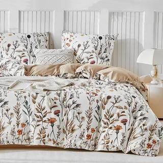 Bettwäsche-Set 240x220 cm Mikrofaser Blumenmuster Weiß 3-teilig - Weiß