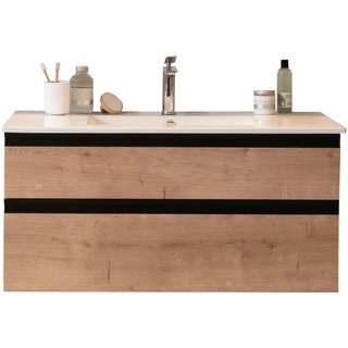 Schöner Wohnen Waschtischkombi , Grau, Eichefarben , Metall , 2 Schubladen , 102 cm , Goldenes M, Made in Germany, DGM-Emissionslabel , hängend , Badezimmer, Waschbecken & Armaturen, Waschtische