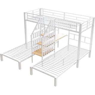 okwish Dreier Etagenbett 90x200cm mit LED und Schreibtisch Weiß ohne Matratze