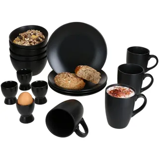 MamboCat Nero 16tlg Frühstücksset schwarz I Je 4x matte Teller, Schalen 400ml, Kaffeebecher 250ml & Eierbecher für 4 Personen I Steingut-Geschirr für Frühstücks- & Kaffeezeit
