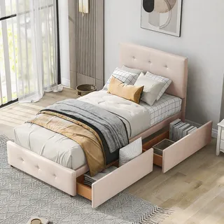 MODFU Polsterbett Kinderbett 90 x 200 cm Bett mit Lattenrost und zwei Schubladen, aus Samt Einzelbett Kinderbett Jugendbett Gästebett, Samt Rosa(ohne Matratze) - Rosa