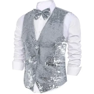 Dress Up America Paillettenweste mit Fliege - Silber Glänzender V-Ausschnitt für Herren