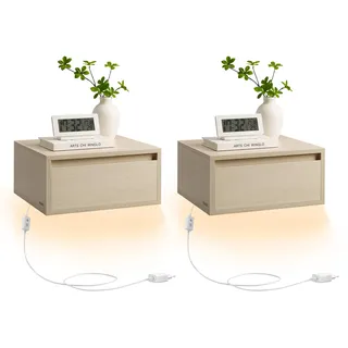VASAGLE Nachttisch hängend 2er Set, Leuchte mit 3 Farben, schwebendes Wandregal, Schublade, 35 x 40 x 18 cm, modern, Wohnzimmer Schlafzimmer, naturbeige LET854N01