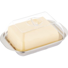Relaxdays Butterdose, mit Deckel, Edelstahl & Kunststoff, 250 g Butter, 5,5x18x11 cm, Butterschale, Silber/transparent
