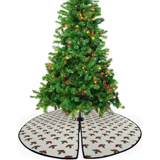 ABAKUHAUS Weihnachten Weihnachtsbaum Rock und Schürze Holly Beeren, Weihnachtsdeko 135 cm aus Stoff Weihnachtsbaumschmuck, Rot, Grün, Weiß