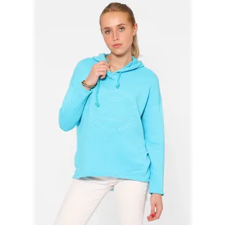 Hoodie ZWILLINGSHERZ "Moin", Damen, Gr. L/XL, blau (türkis), Sweatware, Obermaterial: 70% Baumwolle, 30% Polyacryl, unifarben, comfort fit hüftlang, hoch geschlossener Ausschnitt, Sweatshirts Hoodie, Kapuze, Kordelzug, Langarm, maritimer Schriftzug