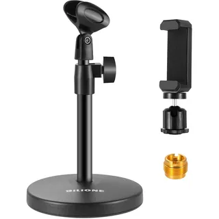 BILIONE 3-in-1 Multifunktions-Schreibtisch-Mikrofonständer, verstellbarer Tisch-Mikrofonständer mit Mikrofon-Clip, Handy-Clip, 5/8-Zoll-Stecker auf 3/8-Zoll-Buchse, Metalladapter