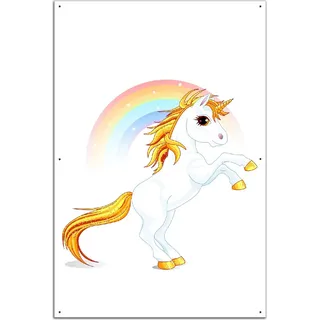 Wallario Outdoor-Poster für Garten oder Balkon, Motiv Weißes Einhorn vor einem Regenbogen, in ca. 61 x 91,50 cm - Weiß