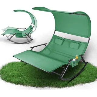 Izrielar 2 Personen Schaukel-Sonnenliege mit Sonnendach, ergonomische Doppel-Liege für Terrasse & Garten, belastbar bis 250 kg, Grün - Grün
