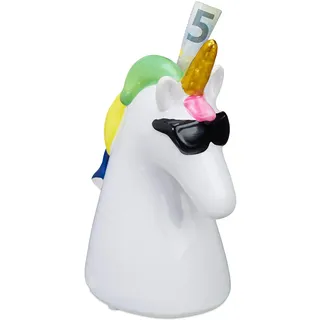 Relaxdays Spardose Einhorn, Unicorn Büste mit Sonnenbrille & Regenbogenmähne, Geschenkidee, Sparbüchse Keramik, weiß, 1 Stück