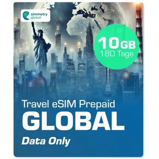 simmetry Global Daten eSIM, 10GB, 180 Tage, kompatibel mit eSIM-fähigen iOS- und Android-Geräten, Hotspot-Sharing erlaubt, ideal für Lange Reisen oder dauerhafte Nutzung.