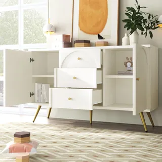 okwish Sideboard 140x40x84cm mit 2 Türen, 3 Schubladen und verstellbare Ablage,Weiß - Weiß