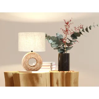 Tischlampe mit LED dimmbar, Keramikfuß Holzoptik, Lampenschirm Leinen Beige oval