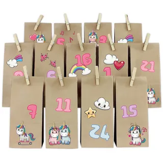 Adventskalender Set Einhörner Bogen mit Papiertüten und Holzklammern Y067