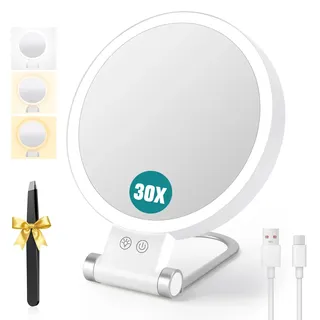 Collazoey Kosmetikspiegel mit Beleuchtung und Vergrößerung - 3 Farblichter, 30-fach/1-fach, mit Tweezers und Griff, Doppelseitiger Schminkspiegel, für den Handheld-, Desktop- und Reisegebrauch