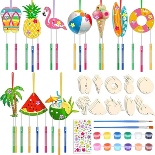 Barlone Windspiel Bastelset Kinder Hawaii, 10 Stück DIY Holz Windspiel Basteln, mit Buntes Polyesterband, Windspiele, Bürste, Acrylfarben, Edelsteinaufkleber für Bastelideen kindergeburtstag Parteien