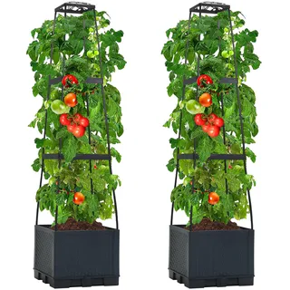 REAWOW 2 Stück Tomatentopf mit Rankhilfe, 28×28×114cm, 14L, Anthrazit Pflanzenturm mit Wasserspeicher, Pflanzen-Aufzucht-Turm mit Rangitter, Tomatenturm Topf Besuche Store