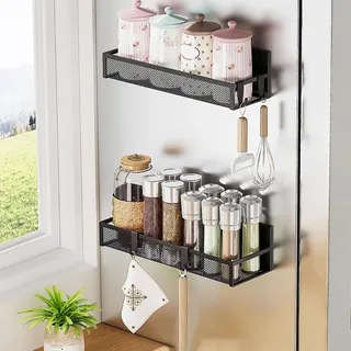 thirei Magnetisches Gewürzregal, 2 Stück Magnetische Gewürzregal für Kühlschrank, Magnetisches Regal, Magnetregal Küchenorganizer mit 10 Kunststoffhaken, für Küche Organisation