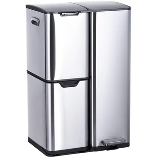 Relaxdays Mülleimer, 3 Fächer, 60 L, entnehmbare Inneneimer, Soft Close, Fußpedal, Edelstahl, Mülltrenner Küche, Silber