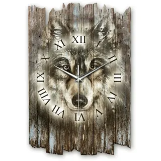 Kreative Feder Designer Wanduhr „Wolf“ aus Holz 40x27cm im Shabby Style Design - Designeruhr mit flüsterleisem Uhrwerk ohne Ticken (Wolf, leises Quarzuhrwerk)