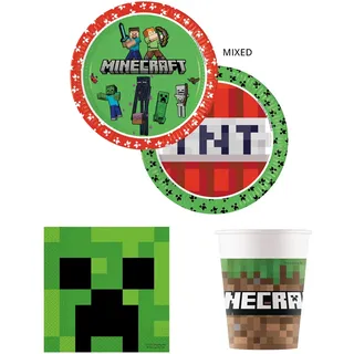 Procos - Minecraft Geburtstagsdeko, 52-Teilig, Pappteller, Becher und Servietten für Kindergeburtstag, Partygeschirr