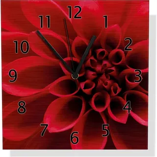 Wallario Design Wanduhr Rote Dahlienblüte in Nahaufnahme aus Aluverbund, Größe 30 x 30 cm - Rot