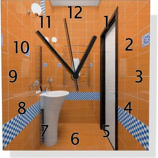 Wallario Design Wanduhr Modernes Badezimmer in orange mit blauen Fliesen aus Aluverbund, Größe 30 x 30 cm - Braun