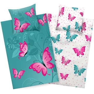 Aminata kids Bettwäsche 135x200 Schmetterling Kinder Mädchen Baumwolle Schmetterlinge türkis grün | YKK Reißverschluss | Tier-Motiv Blumen - Kinder-Wende-Bettwäsche-Set