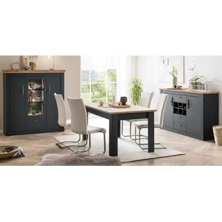 Esszimmer Set "Ribera" in grau und Wotan Eiche Landhaus 3-teilig mit Esstisch, Highboard und Sideboard, Soft-Close-Funktion - Dunkelgrau, Naturbelassen