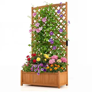 COSTWAY Blumenkasten mit Rankgitter, Pflanzkasten Tannenholz, Pflanzkübel mit Sichtschutz, Hochbeet mit Spalier, Drainagelöchern, Rankhilfe für Kletterpflanzen Garten Terrasse, 90x45x180,5cm (Orange)