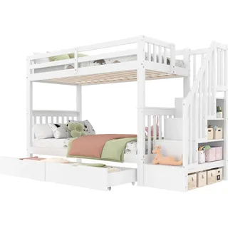 90*200cm Etagenbett, Treppenregal, ausgestattet mit zwei Schubladen, hohe Geländer,weiß